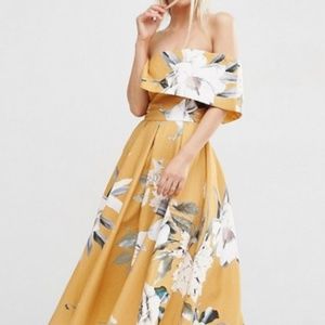 Mustard midi Bardot off the shoulder floral dress